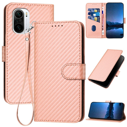Xiaomi K40 Pro Carbon Fiber Buckle Leather Phone Case with Lanyard, PU Leather TPU Wallet Cover with Card Slot, Cash Compartment, Stand Function & Scratch Protection