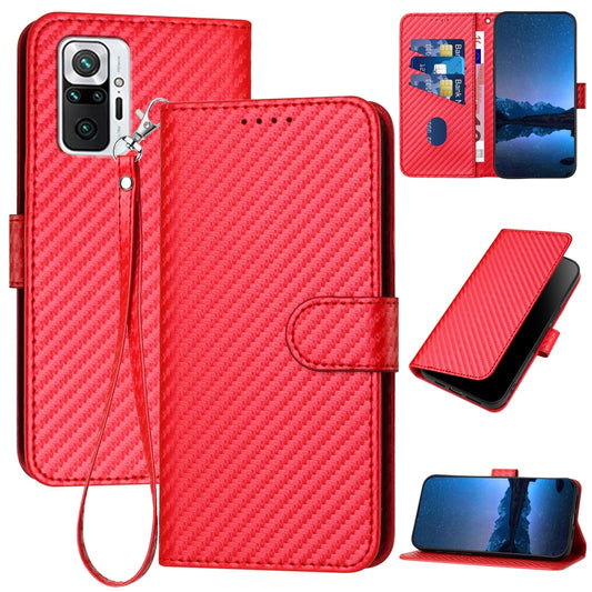 Xiaomi Redmi Note 10 Pro Carbon Fiber Buckle Leather Phone Case with Lanyard, PU Leather TPU Wallet Cover with Card Slot, Cash Compartment, Stand Function & Scratch Protection