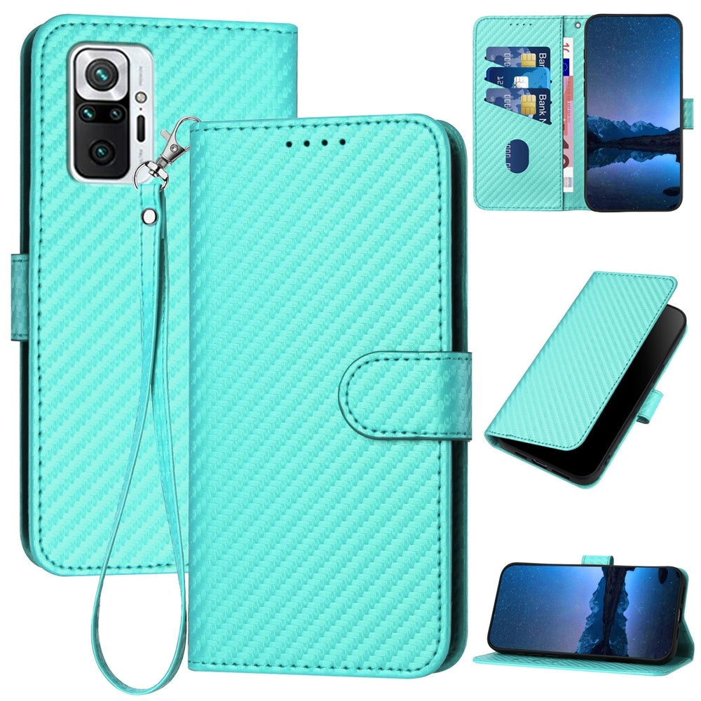 Xiaomi Redmi Note 10 Pro Carbon Fiber Buckle Leather Phone Case with Lanyard, PU Leather TPU Wallet Cover with Card Slot, Cash Compartment, Stand Function & Scratch Protection