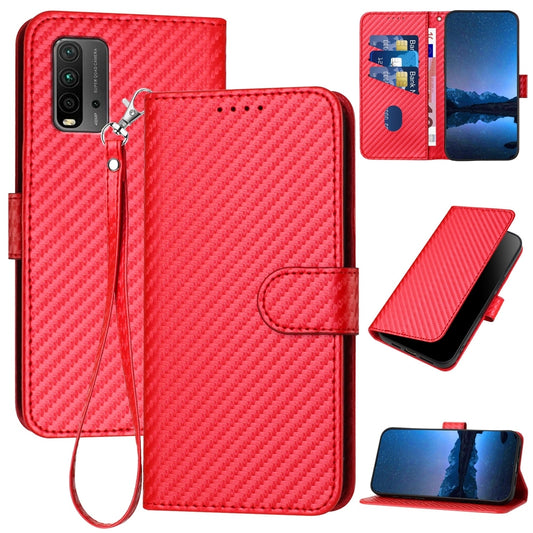 Xiaomi Redmi 9T Carbon Fiber Buckle Leather Phone Case with Lanyard, PU Leather TPU Wallet Cover with Card Slot, Cash Compartment, Stand Function & Scratch Protection