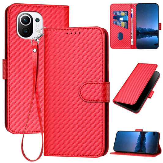 Xiaomi Mi 11 Carbon Fiber Buckle Leather Phone Case with Lanyard, PU Leather TPU Wallet Cover with Card Slot, Cash Compartment, Stand Function & Scratch Protection