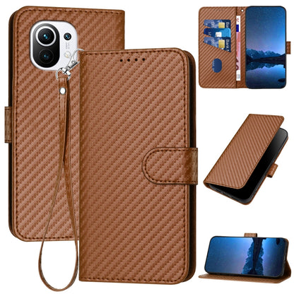 Xiaomi Mi 11 Carbon Fiber Buckle Leather Phone Case with Lanyard, PU Leather TPU Wallet Cover with Card Slot, Cash Compartment, Stand Function & Scratch Protection
