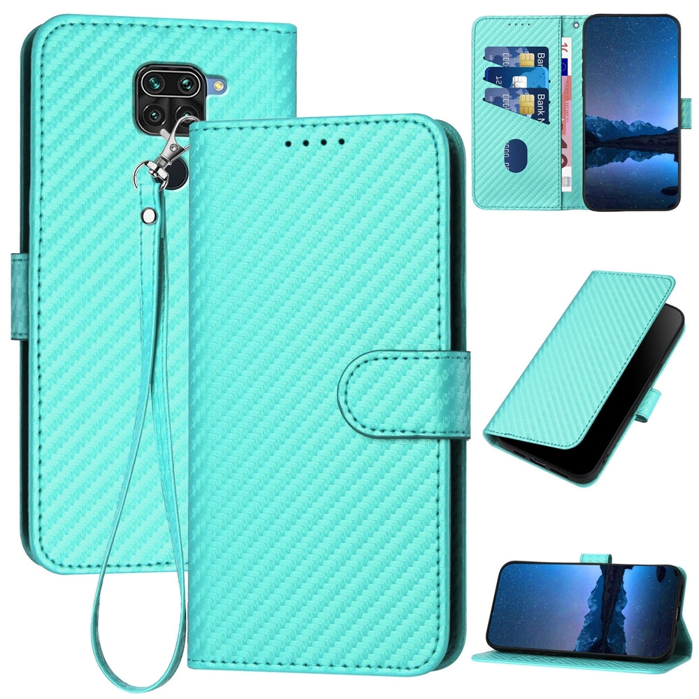 Xiaomi 10X 4G Carbon Fiber Buckle Leather Phone Case with Lanyard, PU Leather TPU Wallet Cover with Card Slot, Cash Compartment, Stand Function & Scratch Protection