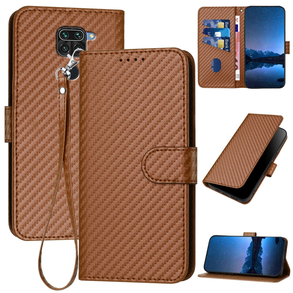 Xiaomi 10X 4G Carbon Fiber Buckle Leather Phone Case with Lanyard, PU Leather TPU Wallet Cover with Card Slot, Cash Compartment, Stand Function & Scratch Protection