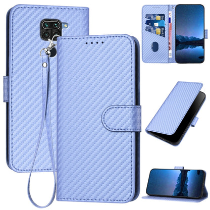 Xiaomi Redmi Note 9 4G Carbon Fiber Buckle Leather Phone Case with Lanyard, PU Leather TPU Wallet Cover with Card Slot, Cash Compartment, Stand Function & Scratch Protection