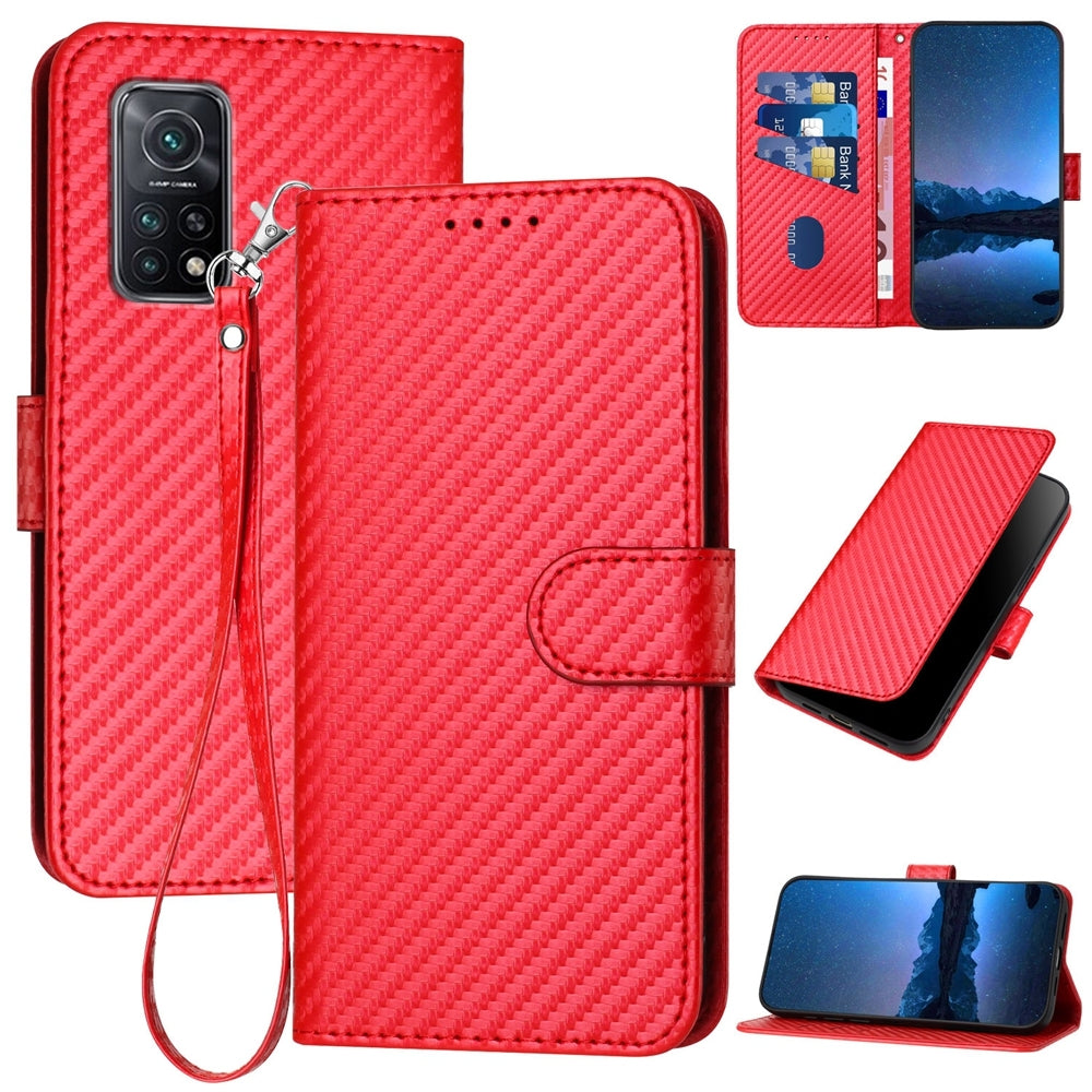 Xiaomi Redmi K30S Carbon Fiber Buckle Leather Phone Case with Lanyard, PU Leather TPU Wallet Cover with Card Slot, Cash Compartment, Stand Function & Scratch Protection