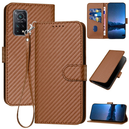 Xiaomi 10T 5G Carbon Fiber Buckle Leather Phone Case with Lanyard, PU Leather TPU Wallet Cover with Card Slot, Cash Compartment, Stand Function & Scratch Protection