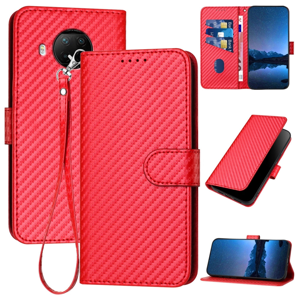 Xiaomi 10T Lite 5G Carbon Fiber Buckle Leather Phone Case with Lanyard, PU Leather TPU Wallet Cover with Card Slot, Cash Compartment, Stand Function & Scratch Protection