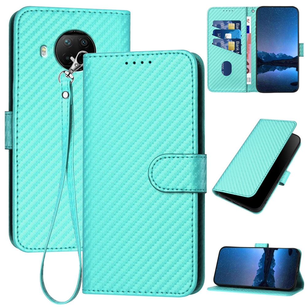 Xiaomi 10T Lite 5G Carbon Fiber Buckle Leather Phone Case with Lanyard, PU Leather TPU Wallet Cover with Card Slot, Cash Compartment, Stand Function & Scratch Protection