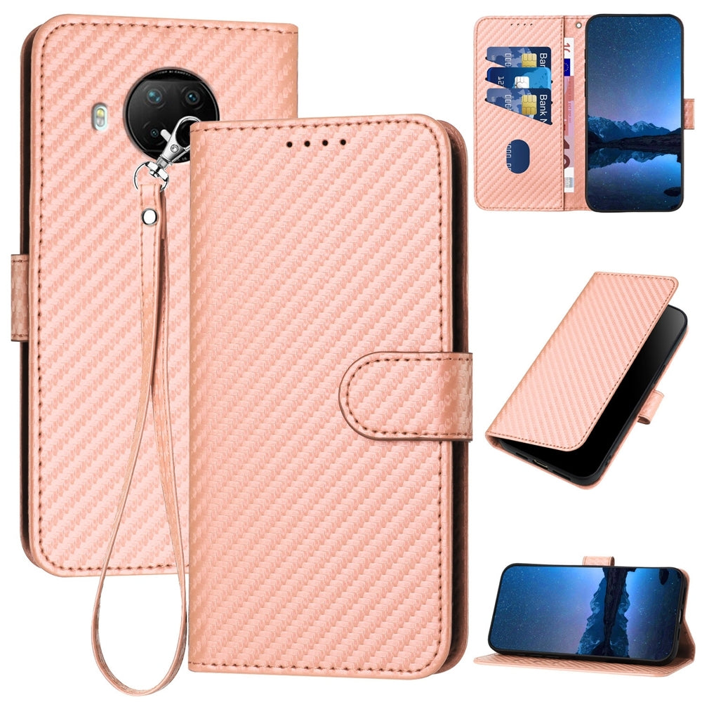 Xiaomi 10T Lite 5G Carbon Fiber Buckle Leather Phone Case with Lanyard, PU Leather TPU Wallet Cover with Card Slot, Cash Compartment, Stand Function & Scratch Protection