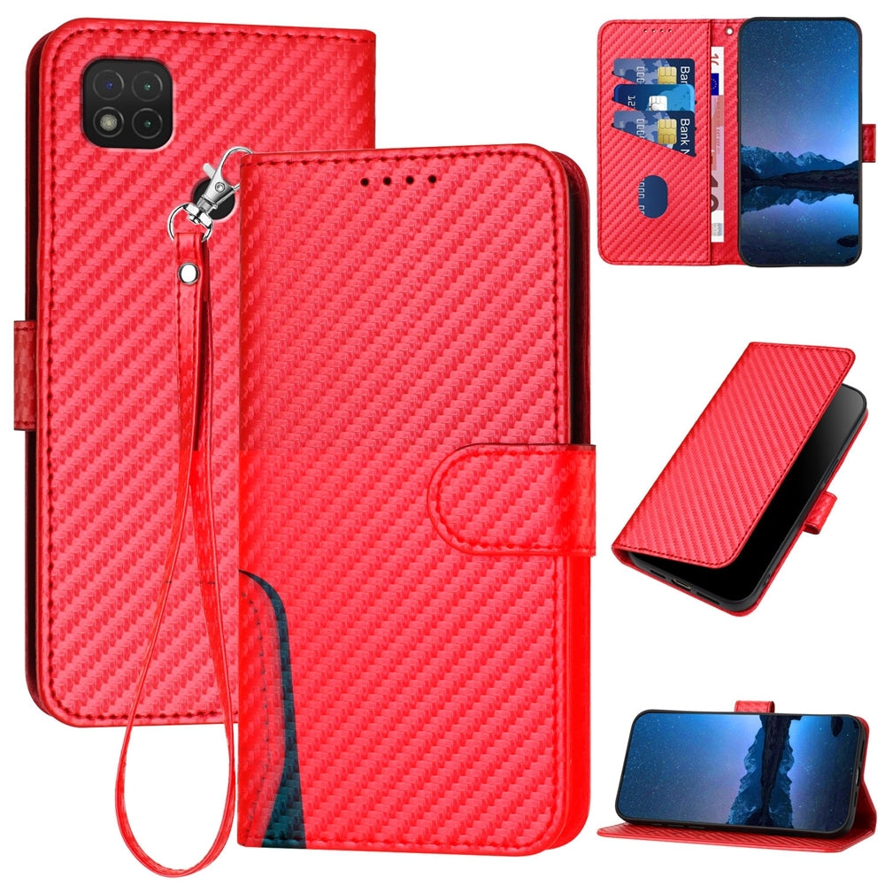 Xiaomi Redmi 9C NFC Carbon Fiber Buckle Leather Phone Case with Lanyard, PU Leather TPU Wallet Cover with Card Slot, Cash Compartment, Stand Function & Scratch Protection