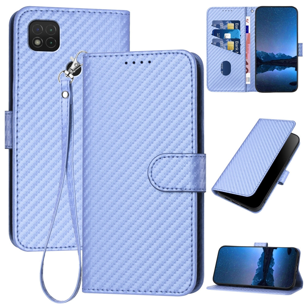 Xiaomi Redmi 9C Carbon Fiber Buckle Leather Phone Case with Lanyard, PU Leather TPU Wallet Cover with Card Slot, Cash Compartment, Stand Function & Scratch Protection