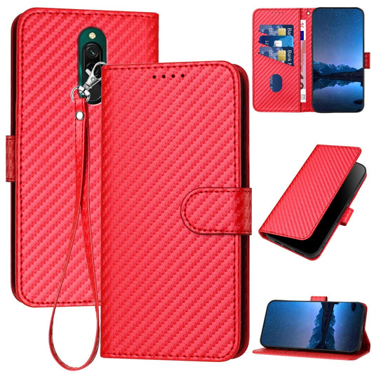 Xiaomi Redmi 8 Carbon Fiber Buckle Leather Phone Case with Lanyard, PU Leather TPU Wallet Cover with Card Slot, Cash Compartment, Stand Function & Scratch Protection