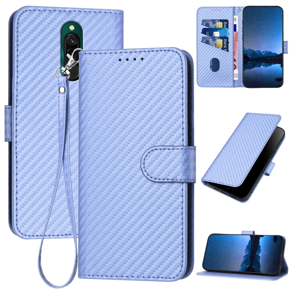 Xiaomi Redmi 8 Carbon Fiber Buckle Leather Phone Case with Lanyard, PU Leather TPU Wallet Cover with Card Slot, Cash Compartment, Stand Function & Scratch Protection