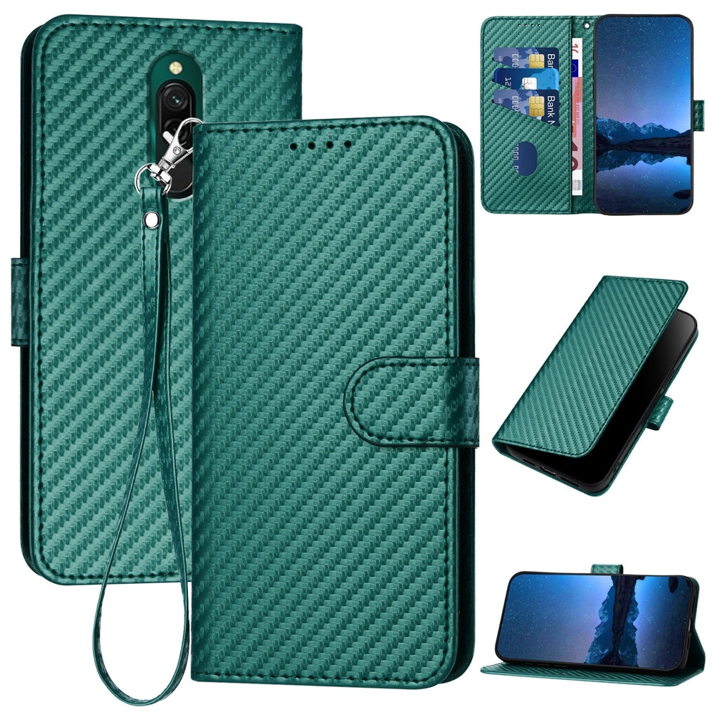 Xiaomi Redmi 8 Carbon Fiber Buckle Leather Phone Case with Lanyard, PU Leather TPU Wallet Cover with Card Slot, Cash Compartment, Stand Function & Scratch Protection
