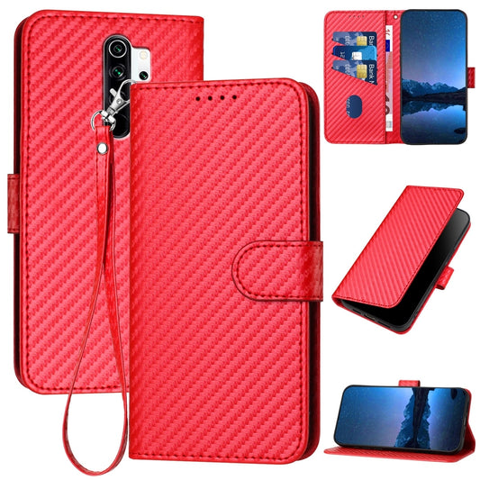Xiaomi Redmi Note 8 Pro Carbon Fiber Buckle Leather Phone Case with Lanyard, PU Leather TPU Wallet Cover with Card Slot, Cash Compartment, Stand Function & Scratch Protection