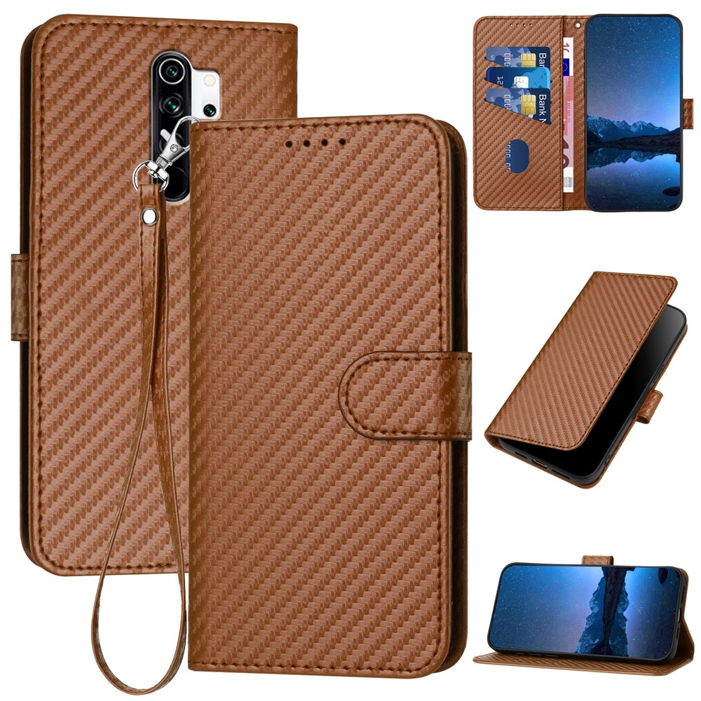 Xiaomi Redmi Note 8 Pro Carbon Fiber Buckle Leather Phone Case with Lanyard, PU Leather TPU Wallet Cover with Card Slot, Cash Compartment, Stand Function & Scratch Protection