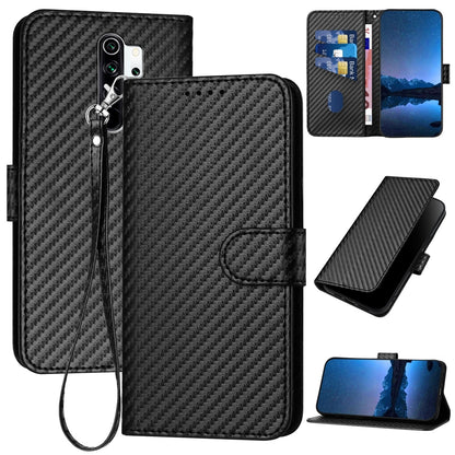 Xiaomi Redmi Note 8 Pro Carbon Fiber Buckle Leather Phone Case with Lanyard, PU Leather TPU Wallet Cover with Card Slot, Cash Compartment, Stand Function & Scratch Protection