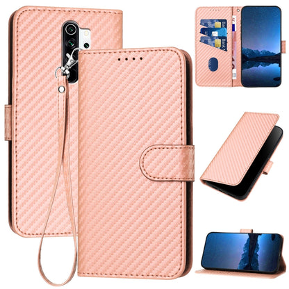 Xiaomi Redmi Note 8 Pro Carbon Fiber Buckle Leather Phone Case with Lanyard, PU Leather TPU Wallet Cover with Card Slot, Cash Compartment, Stand Function & Scratch Protection