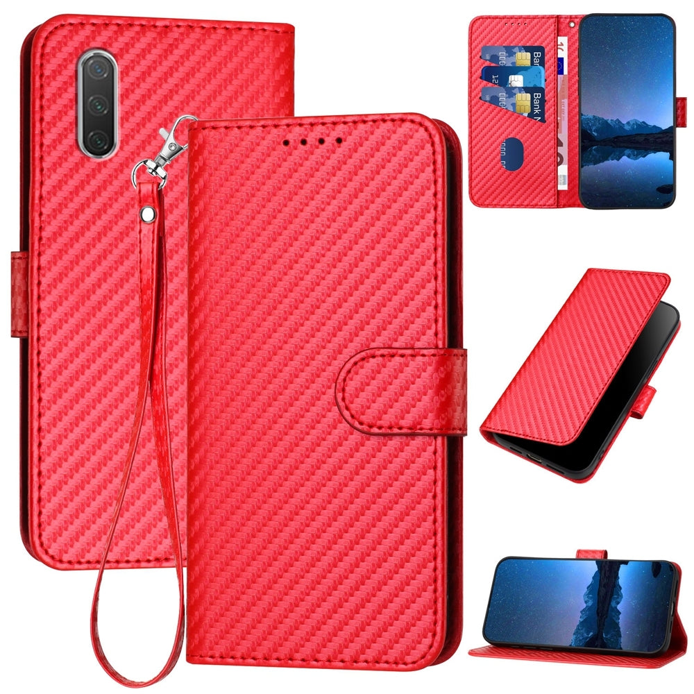 Xiaomi Mi CC9e Carbon Fiber Buckle Leather Phone Case with Lanyard, PU Leather TPU Wallet Cover with Card Slot, Cash Compartment, Stand Function & Scratch Protection