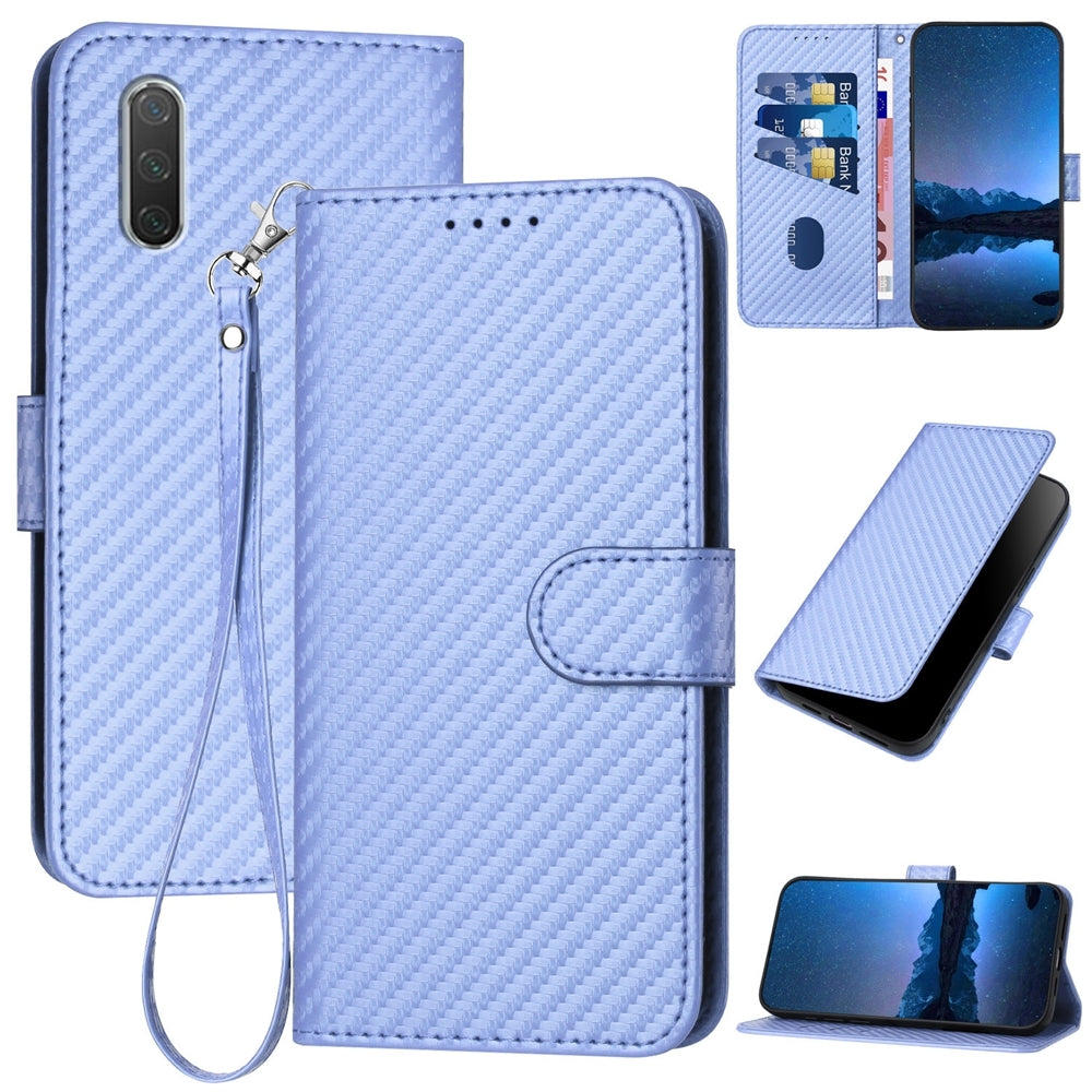 Xiaomi Mi CC9e Carbon Fiber Buckle Leather Phone Case with Lanyard, PU Leather TPU Wallet Cover with Card Slot, Cash Compartment, Stand Function & Scratch Protection