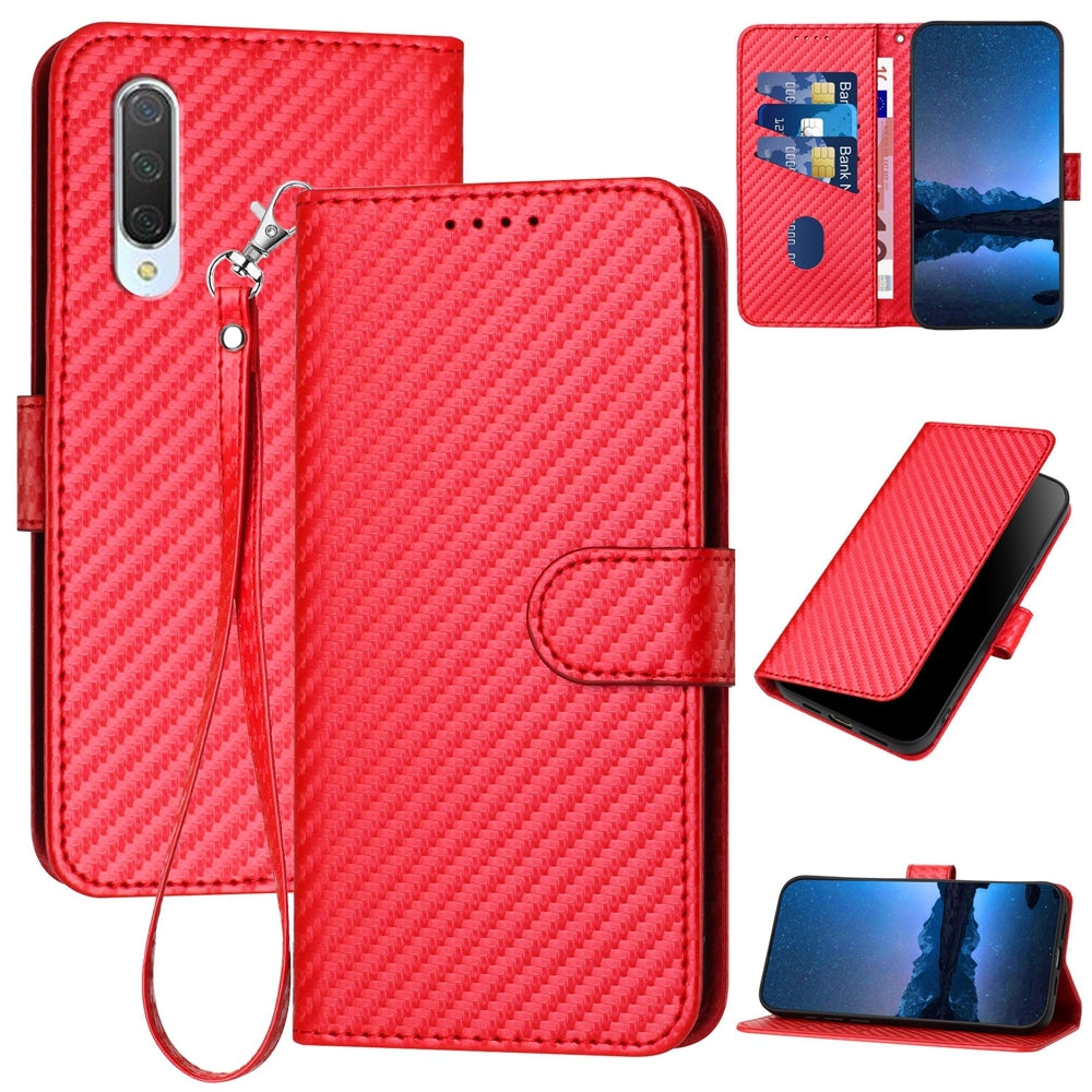 Xiaomi Mi CC9 Carbon Fiber Buckle Leather Phone Case with Lanyard, PU Leather TPU Wallet Cover with Card Slot, Cash Compartment, Stand Function & Scratch Protection