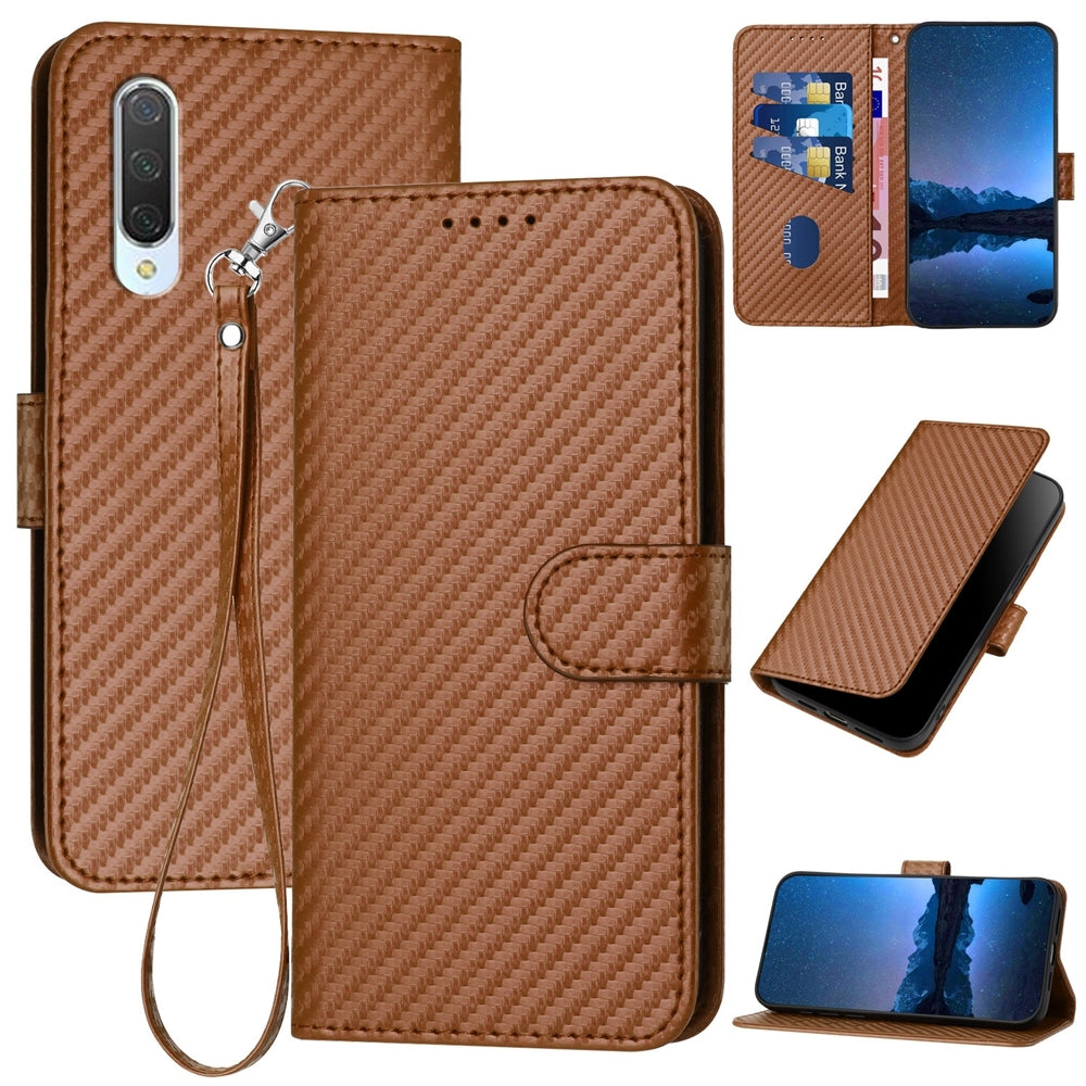 Xiaomi Mi CC9 Carbon Fiber Buckle Leather Phone Case with Lanyard, PU Leather TPU Wallet Cover with Card Slot, Cash Compartment, Stand Function & Scratch Protection