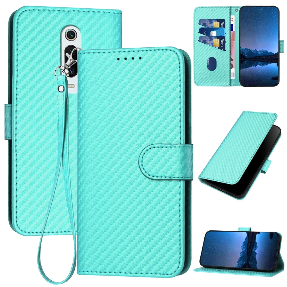 Xiaomi Redmi K20 Carbon Fiber Buckle Leather Phone Case with Lanyard, PU Leather TPU Wallet Cover with Card Slot, Cash Compartment, Stand Function & Scratch Protection