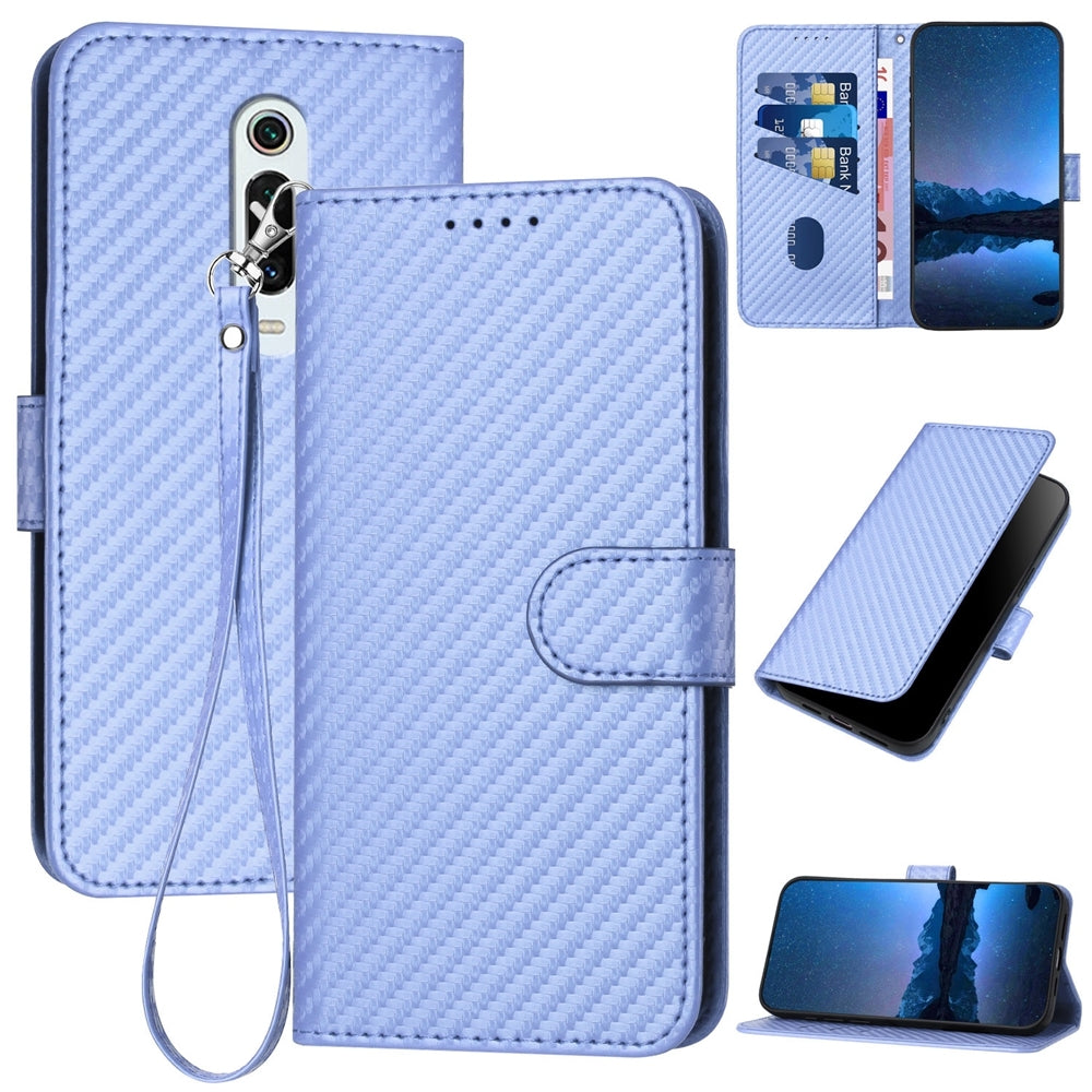 Xiaomi Redmi K20 Carbon Fiber Buckle Leather Phone Case with Lanyard, PU Leather TPU Wallet Cover with Card Slot, Cash Compartment, Stand Function & Scratch Protection