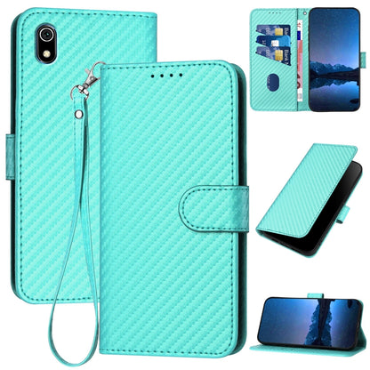 Xiaomi Redmi 7A Carbon Fiber Buckle Leather Phone Case with Lanyard, PU Leather TPU Wallet Cover with Card Slot, Cash Compartment, Stand Function & Scratch Protection