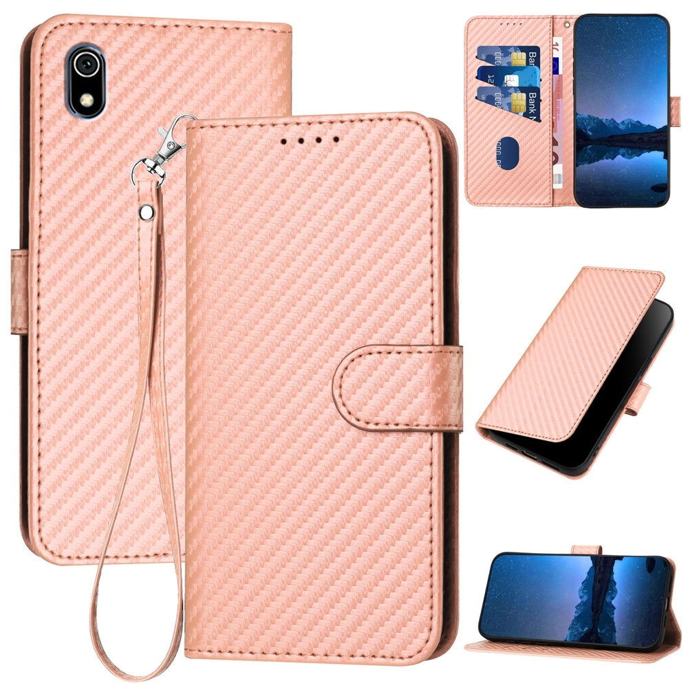 Xiaomi Redmi 7A Carbon Fiber Buckle Leather Phone Case with Lanyard, PU Leather TPU Wallet Cover with Card Slot, Cash Compartment, Stand Function & Scratch Protection