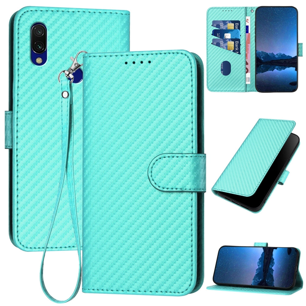 Xiaomi Redmi 7 Carbon Fiber Buckle Leather Phone Case with Lanyard, PU Leather TPU Wallet Cover with Card Slot, Cash Compartment, Stand Function & Scratch Protection