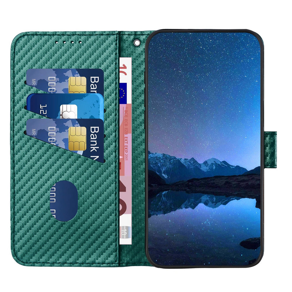 Xiaomi Redmi 7 Carbon Fiber Buckle Leather Phone Case with Lanyard, PU Leather TPU Wallet Cover with Card Slot, Cash Compartment, Stand Function & Scratch Protection