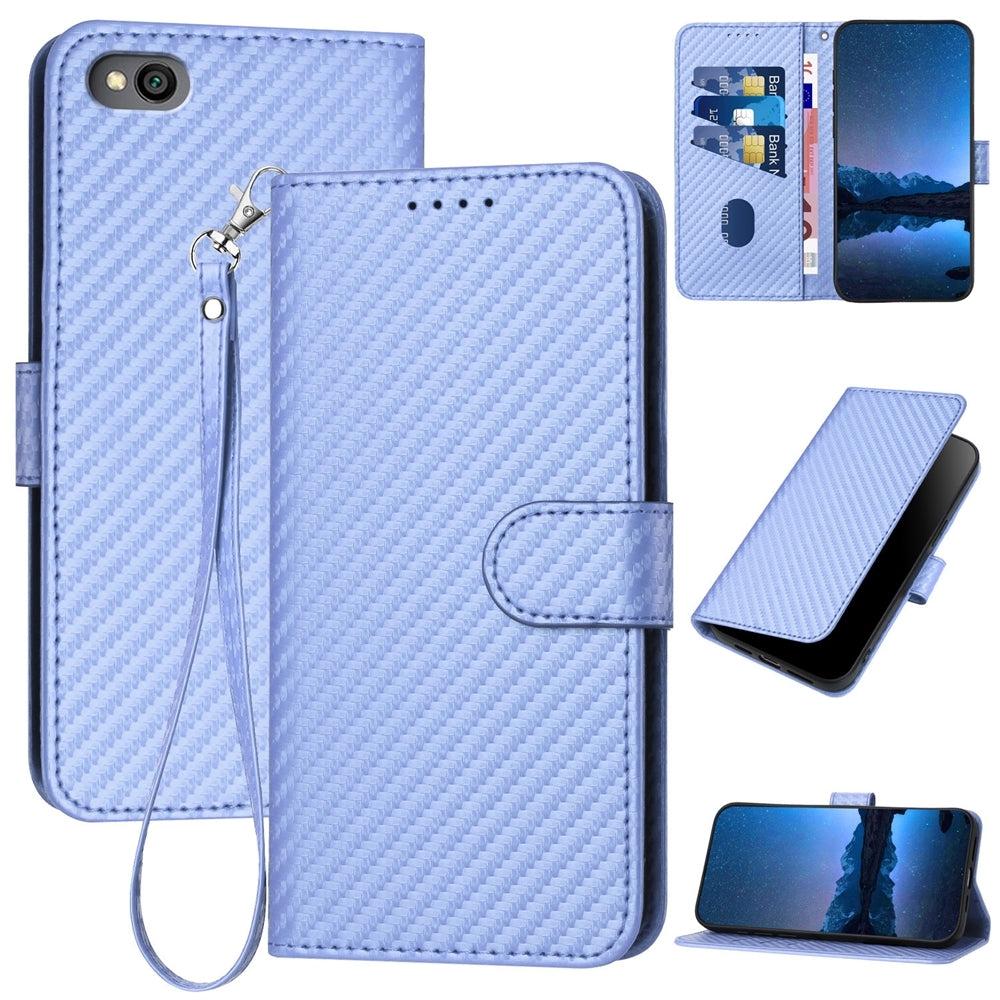 Xiaomi Redmi Go Carbon Fiber Buckle Leather Phone Case with Lanyard, PU Leather TPU Wallet Cover with Card Slot, Cash Compartment, Stand Function & Scratch Protection