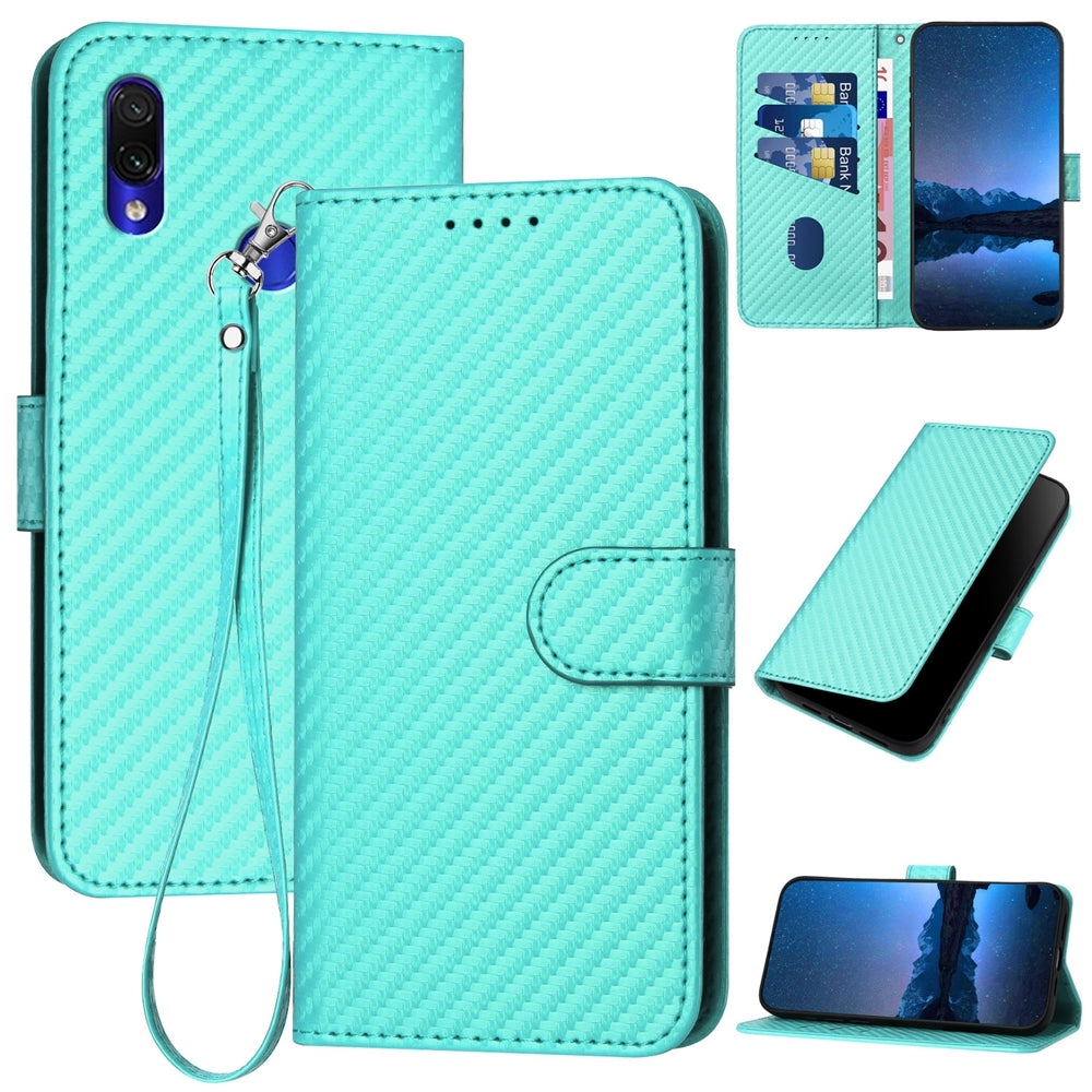 Xiaomi Redmi Note 7 Carbon Fiber Buckle Leather Phone Case with Lanyard, PU Leather TPU Wallet Cover with Card Slot, Cash Compartment, Stand Function & Scratch Protection
