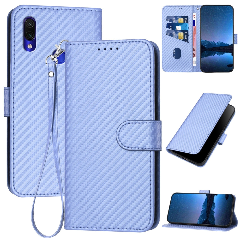 Xiaomi Redmi Note 7 Carbon Fiber Buckle Leather Phone Case with Lanyard, PU Leather TPU Wallet Cover with Card Slot, Cash Compartment, Stand Function & Scratch Protection