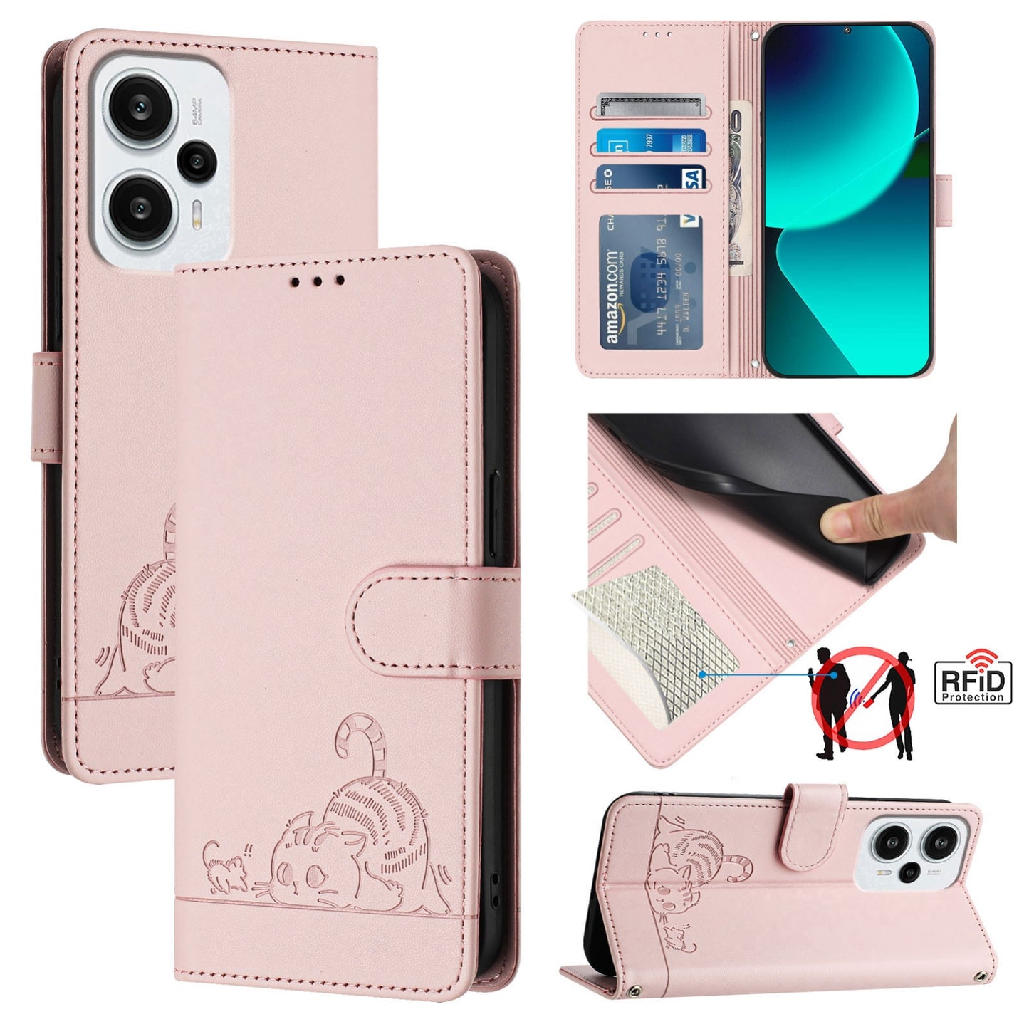 Xiaomi POCO F5 Cat & Rat Embossed RFID Leather Case, Lanyard, Wallet, Card Slots, Kickstand, Anti-Fall, Scratch-Resistant