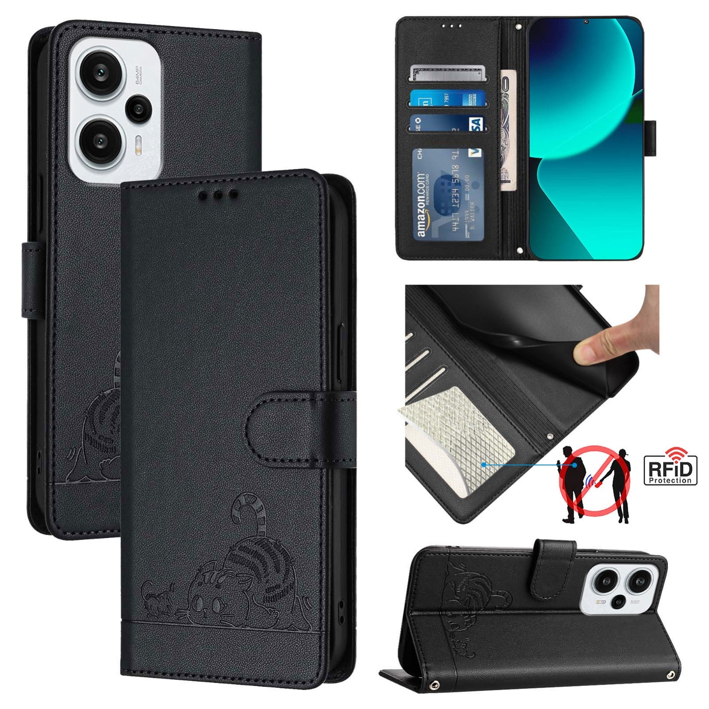 Xiaomi POCO F5 Cat & Rat Embossed RFID Leather Case, Lanyard, Wallet, Card Slots, Kickstand, Anti-Fall, Scratch-Resistant