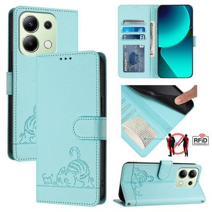 Xiaomi Redmi Note 13 4G Global Cat & Rat Embossed RFID Leather Case, Lanyard, Wallet, Card Slots, Kickstand, Anti-Fall, Scratch-Resistant