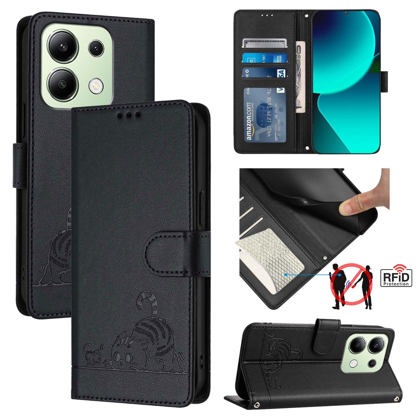 Xiaomi Redmi Note 13 4G Global Cat & Rat Embossed RFID Leather Case, Lanyard, Wallet, Card Slots, Kickstand, Anti-Fall, Scratch-Resistant