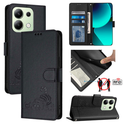 Xiaomi Redmi Note 13 4G Global Cat & Rat Embossed RFID Leather Case, Lanyard, Wallet, Card Slots, Kickstand, Anti-Fall, Scratch-Resistant