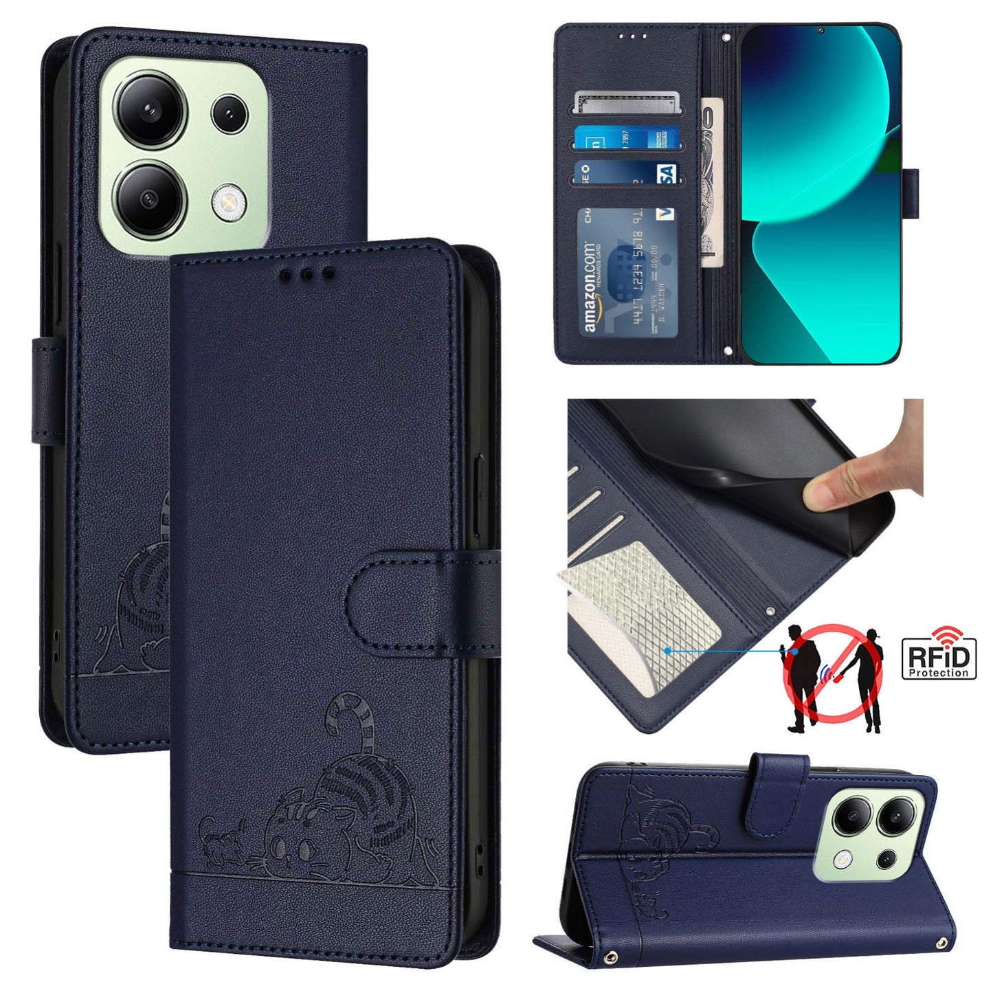 Xiaomi Redmi Note 13 4G Global Cat & Rat Embossed RFID Leather Case, Lanyard, Wallet, Card Slots, Kickstand, Anti-Fall, Scratch-Resistant