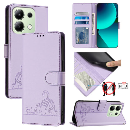 Xiaomi Redmi Note 13 4G Global Cat & Rat Embossed RFID Leather Case, Lanyard, Wallet, Card Slots, Kickstand, Anti-Fall, Scratch-Resistant