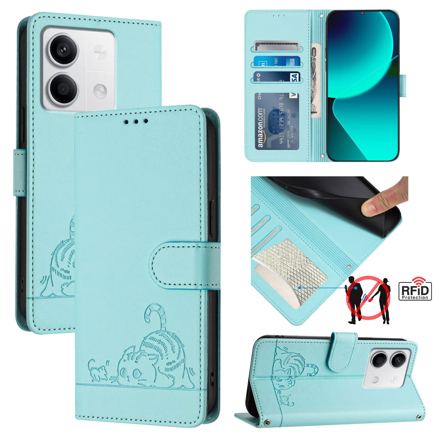 Xiaomi Redmi Note 13 5G Global Cat & Rat Embossed RFID Leather Case, Lanyard, Wallet, Card Slots, Kickstand, Anti-Fall, Scratch-Resistant