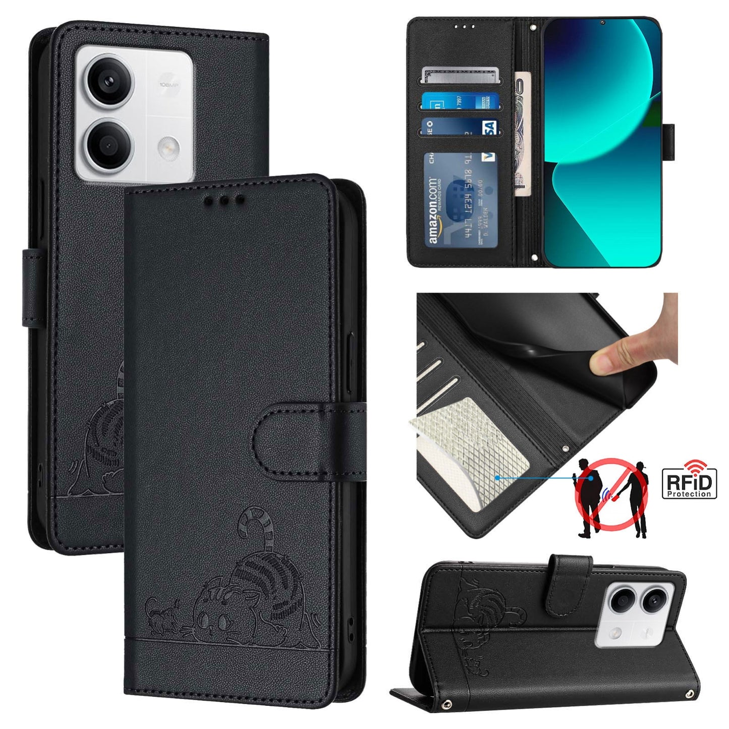 Xiaomi Redmi Note 13 5G Global Cat & Rat Embossed RFID Leather Case, Lanyard, Wallet, Card Slots, Kickstand, Anti-Fall, Scratch-Resistant