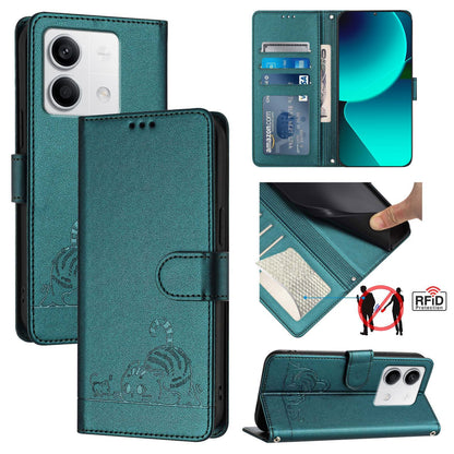 Xiaomi Redmi Note 13 5G Global Cat & Rat Embossed RFID Leather Case, Lanyard, Wallet, Card Slots, Kickstand, Anti-Fall, Scratch-Resistant
