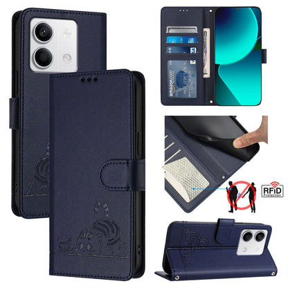 Xiaomi Redmi Note 13 5G Global Cat & Rat Embossed RFID Leather Case, Lanyard, Wallet, Card Slots, Kickstand, Anti-Fall, Scratch-Resistant