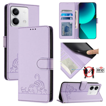 Xiaomi Redmi Note 13 5G Global Cat & Rat Embossed RFID Leather Case, Lanyard, Wallet, Card Slots, Kickstand, Anti-Fall, Scratch-Resistant