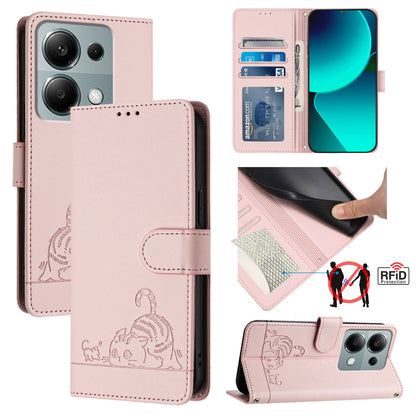 Xiaomi POCO M6 Pro 4G Cat & Rat Embossed RFID Leather Case, Lanyard, Wallet, Card Slots, Kickstand, Anti-Fall, Scratch-Resistant