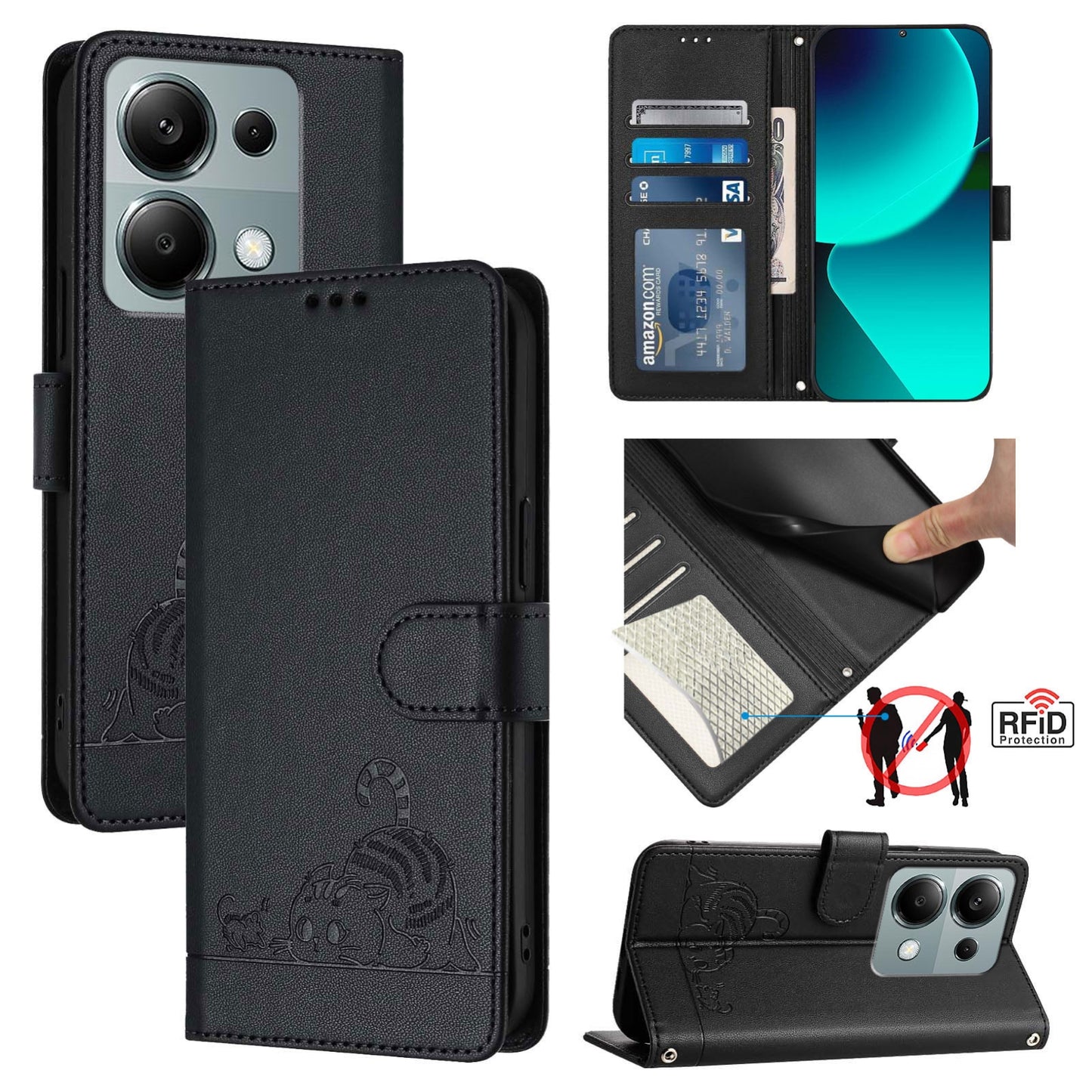 Xiaomi POCO M6 Pro 4G Cat & Rat Embossed RFID Leather Case, Lanyard, Wallet, Card Slots, Kickstand, Anti-Fall, Scratch-Resistant